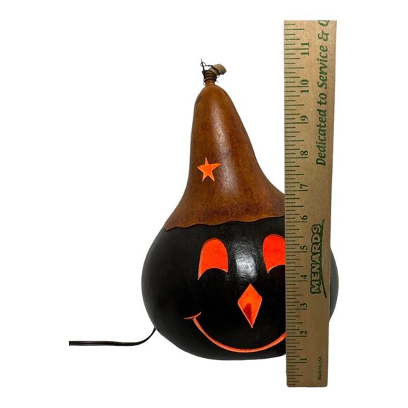 Vintage Gourd Lighted Orange & Black Pumpkin Halloween Hand Carved Folk Art Fall - Picture 12 of 13
